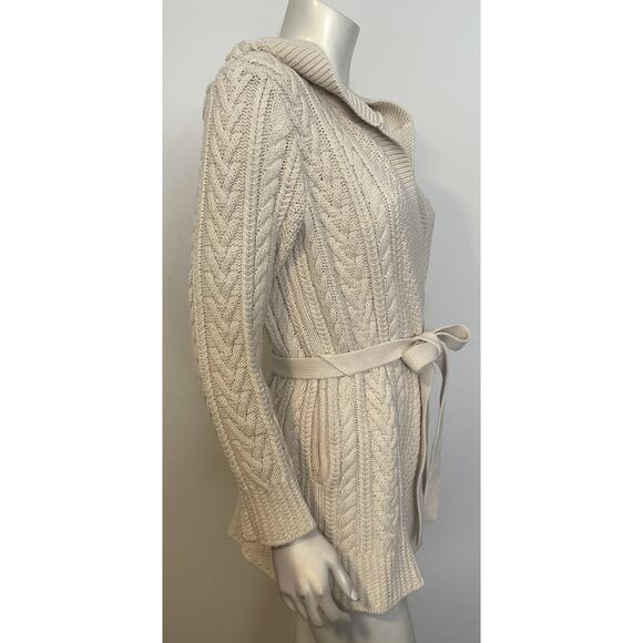 LL Bean Ivory Cotton Belted Cardigan Womens M LS Pockets Hood - Picture 3 of 9